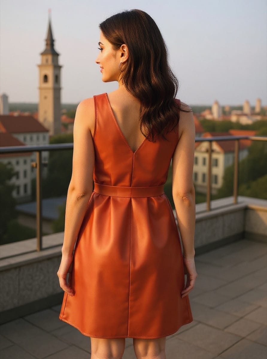 The same model and dress seen from behind
