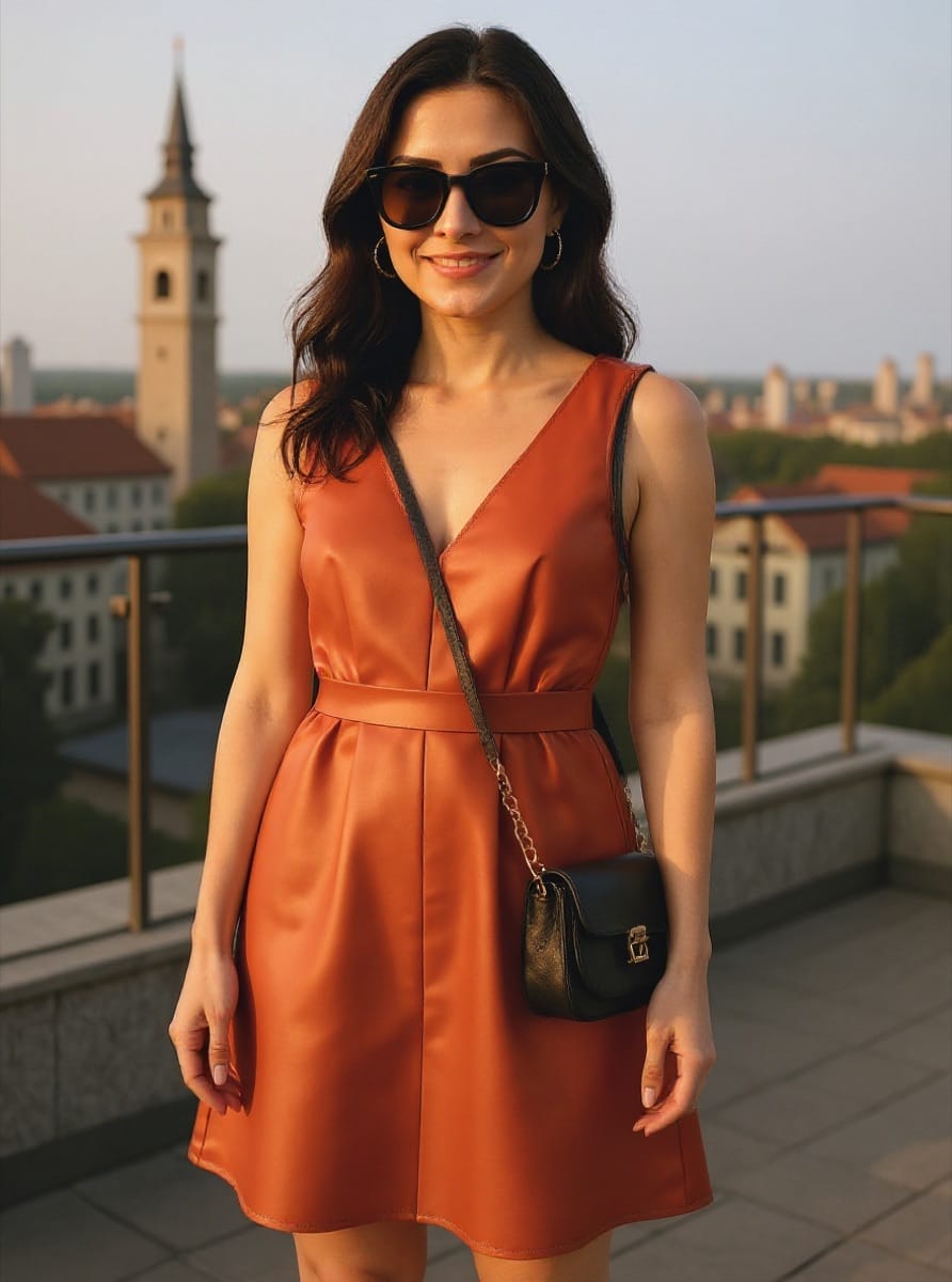 Same frame with sunglasses and a black shoulder bag added