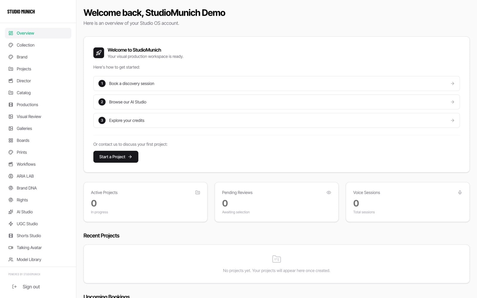 StudioMunich dashboard after login: overview, credits, projects