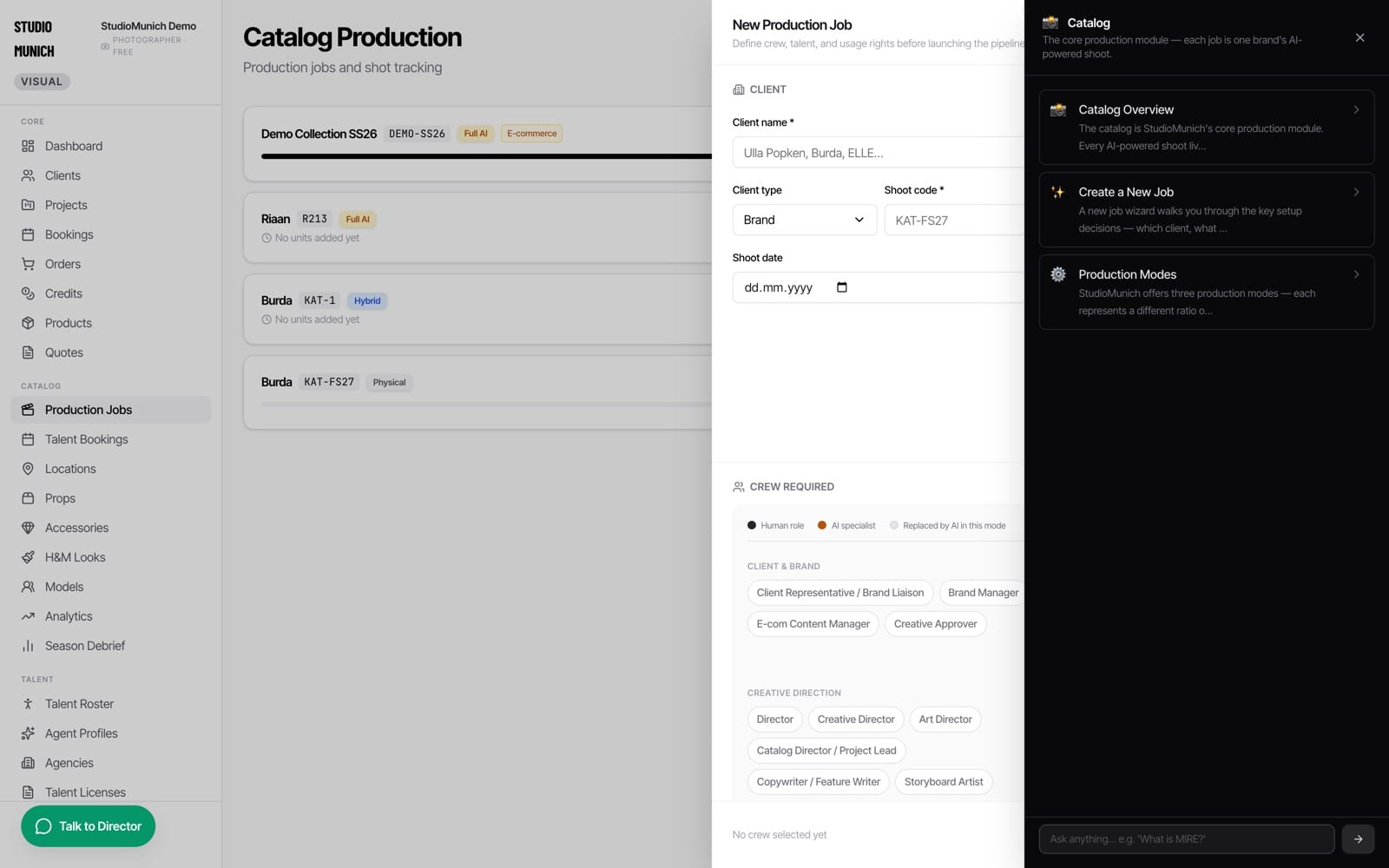 Catalog production list with the new-job briefing form