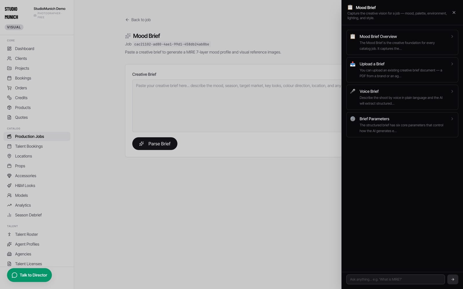 Mood Brief screen: paste, upload, or voice-describe the creative brief