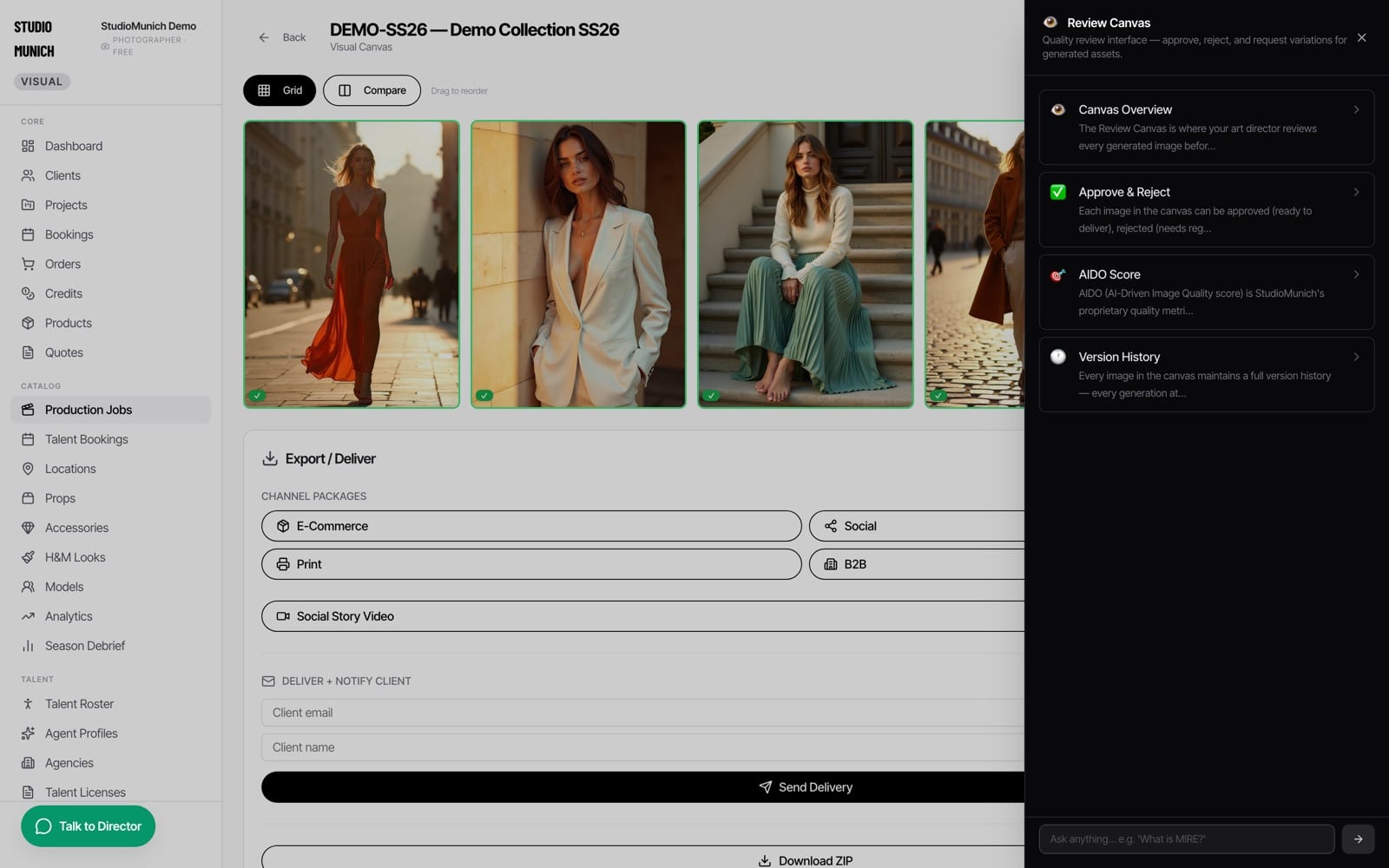 Visual Canvas: approved images, channel packages, send delivery