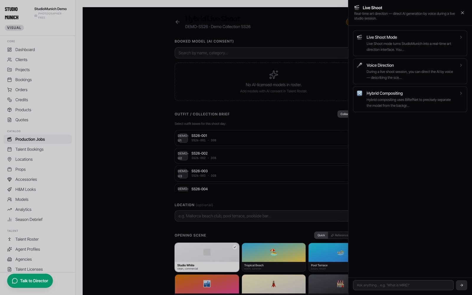 Hybrid Live Shoot screen: booked model, outfit boxes, scene presets