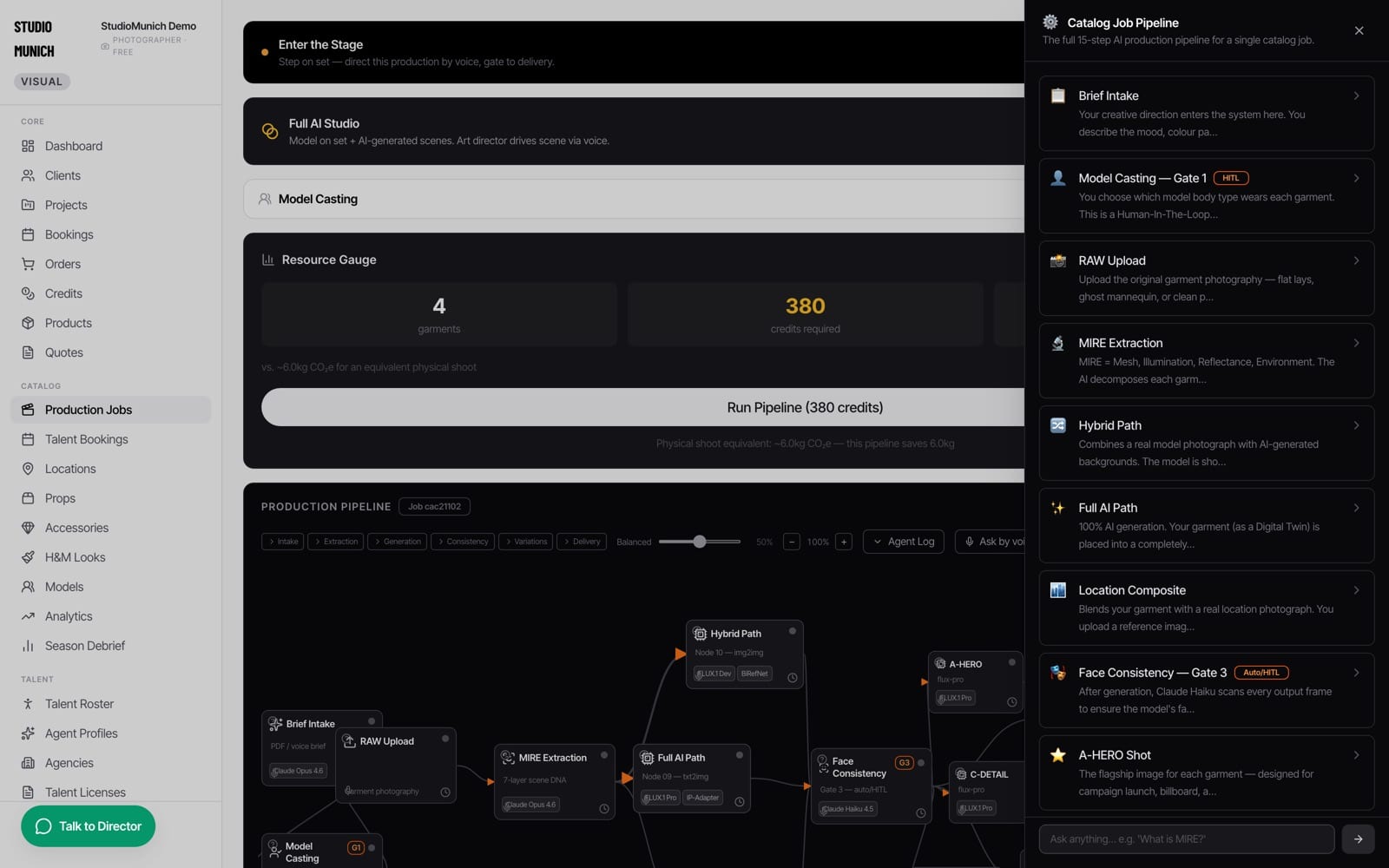 The production pipeline console: step graph, casting gate, resource gauge