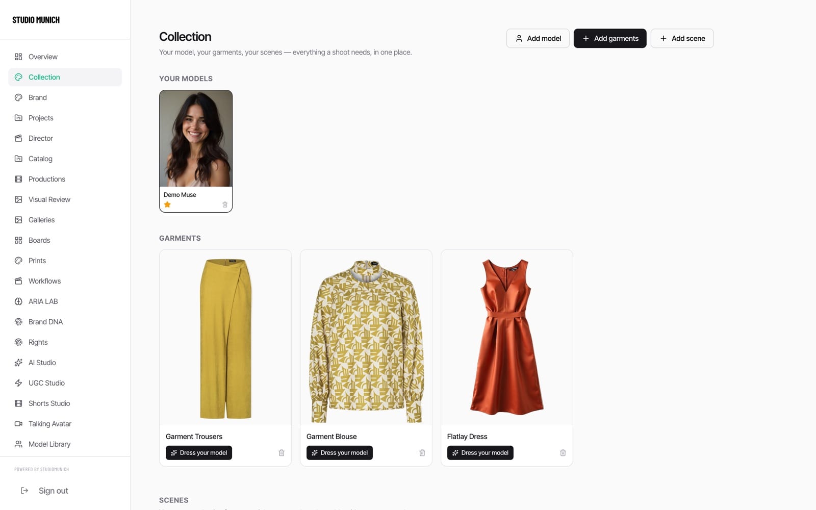 The Collection screen: house models, garments with automatic cutout, rights-attested scenes