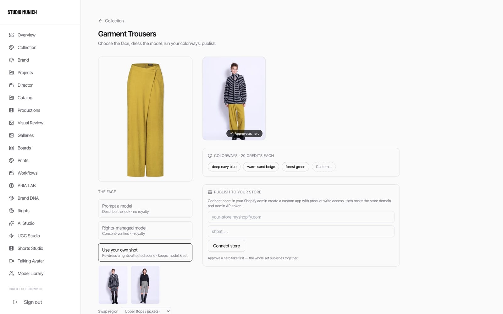 The dress screen: garment, re-dress of an attested scene, colorways, publish to Shopify