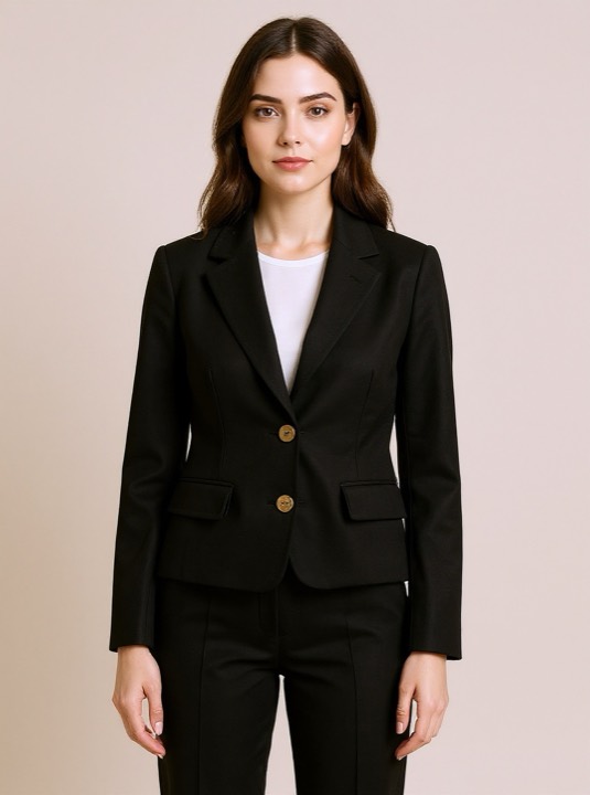 The same blazer worn by the same model in black — identical pose, light and scene
