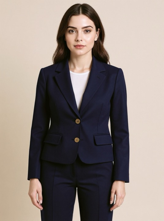 The same blazer worn by the same model in navy — identical pose, light and scene