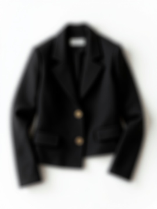 Product flat-lay: black cropped blazer with gold buttons on a white background